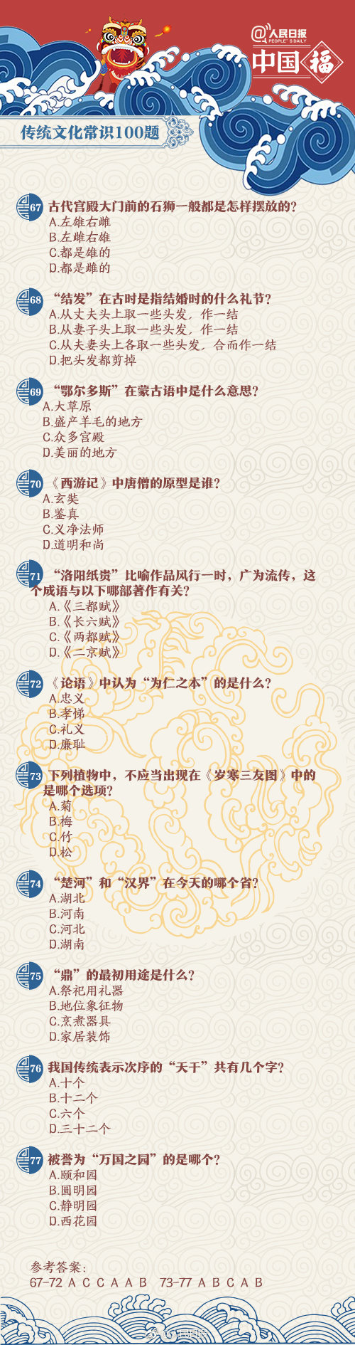 常識積累：傳統(tǒng)文化100題